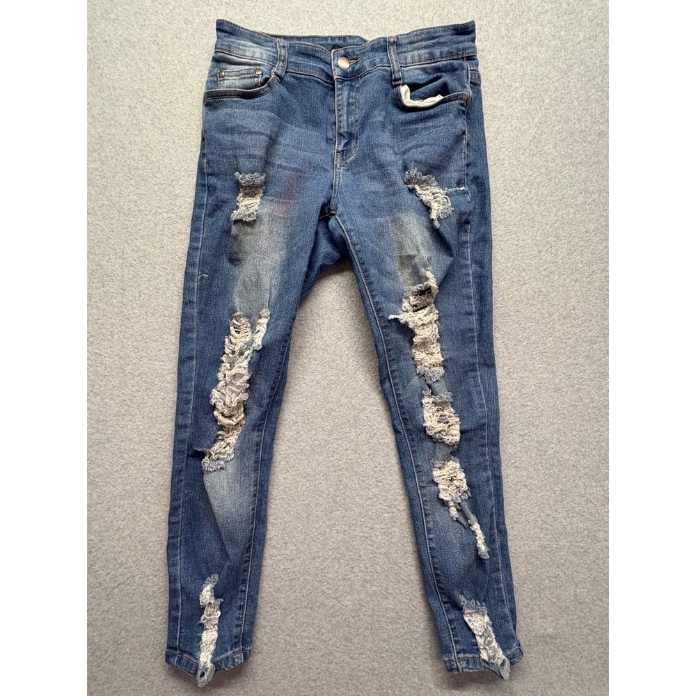 Fashion‎ Nova Distressed Skinny Jeans Blue Medium Wash Size 9 Ripped Stretchy